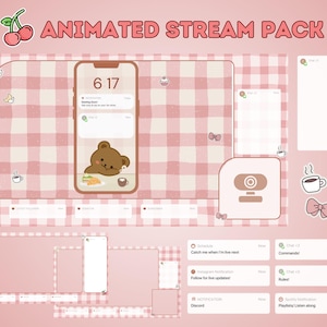May include: Animated stream pack with a pink and white checkered background. The pack includes a phone screen, a webcam screen, a chat box, a notification box, and a donation box. The phone screen shows a cartoon bear eating breakfast. The webcam screen shows a cartoon webcam. The chat box shows the text "Chat 1/3", "Commands!", "Chat 2/3", "Rules!", "Chat 3/3", "Playlists Listen along". The notification box shows the text "Schedule", "Catch me when I'm live next", "Notification", "Discord", "Follow for live updates!". The donation box shows the text "Donation".