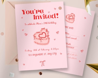 Vintage Cake Birthday Invitation Template – Pink, Valentine's (Digital Download)