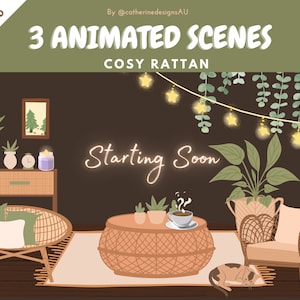 May include: A cosy living room scene featuring rattan furniture, a coffee table, a potted plant, and a cat. The room is decorated with fairy lights and greenery. The text "Starting Soon" is displayed in neon pink letters.