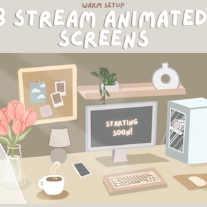 Puede incluir: Una oficina en casa cálida y acogedora con una pantalla de computadora que muestra "Starting Soon!" Un ramo de tulipanes rosas en un jarrón, una taza de café, un teléfono, un teclado y un ratón están sobre el escritorio. Hay un tablero de corcho con fotos y una planta en maceta en el estante detrás de la computadora.
