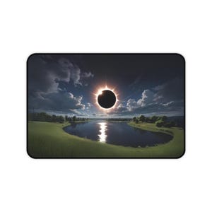 Puede incluir: Un paisaje escénico con un lago en primer plano y un eclipse solar en el cielo. El lago está rodeado de hierba verde y árboles. El eclipse es un círculo oscuro rodeado por un anillo brillante de luz.