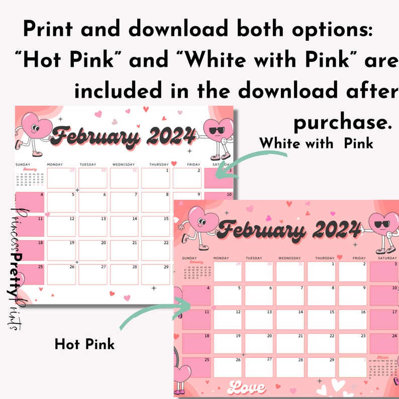 February 2024 Calendar, 2024 Valentines Calendar, Editable PDF Calendar