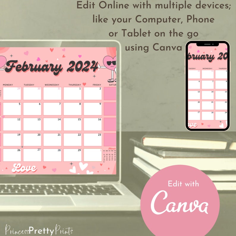 February 2024 Calendar, 2024 Valentines Calendar, Editable PDF Calendar