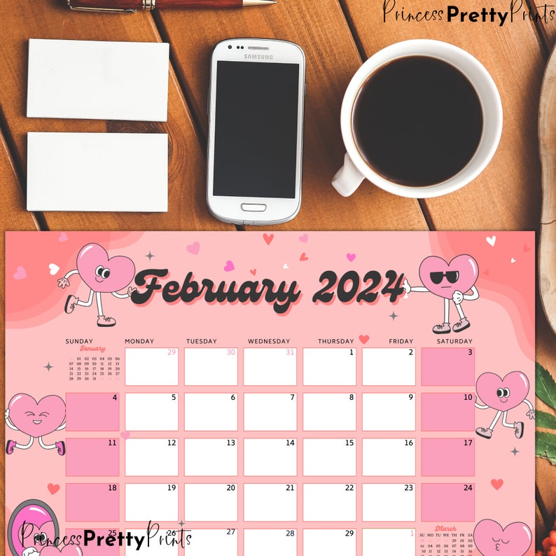February 2024 Calendar, 2024 Valentines Calendar, Editable PDF Calendar