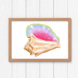 Peut inclure: Impression encadrée d'une illustration de coquillage. La coquille est beige clair avec un intérieur irisé rose et bleu. L'œuvre est posée sur un fond blanc et encadrée dans un cadre en bois brun clair.
