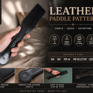 May include: Black leather paddle pattern with the text "GAIUS" embossed on the handle. The image includes the text "LEATHER PADDLE PATTERN" and "DIY PATTERN INSTANT DOWNLOAD". The pattern includes 5 files and is laser and Cricut friendly.