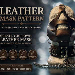 Może przedstawiać: Wzór maski skórzanej w kolorze brązowym z napisem "LEATHER MASK PATTERN". Projekt jest w stylu średniowiecznym. Obraz zawiera również tekst "CREATE YOUR OWN LEATHER MASK".