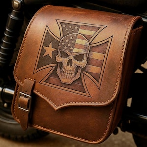 May include: A brown leather motorcycle saddlebag featuring a skull design over a cross and American flag. The bag has a buckle closure and is attached to a motorcycle.