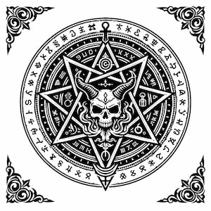 May include: Black and white illustration of a pentagram with a skull featuring horns, surrounded by a circular border with symbols and text. Decorative corner elements frame the design.