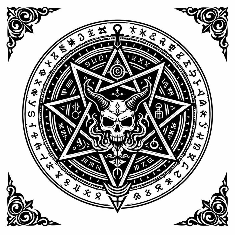 May include: Black and white illustration of a pentagram with a skull featuring horns, surrounded by a circular border with symbols and text. Decorative corner elements frame the design.