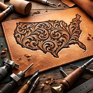 Puede incluir: Una pieza de cuero marrón claro con un diseño floral tallado en forma de Estados Unidos. Herramientas de marroquinería, como un mazo, cinceles y una regla, rodean el cuero sobre una superficie de madera.