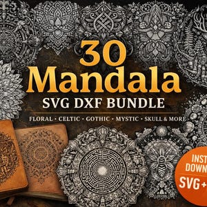 Può includere: Un pacchetto di arte digitale con 30 disegni mandala in formati SVG e DXF. L'immagine mostra vari modelli intricati, tra cui motivi floreali, celtici, gotici, mistici e teschio. Sono visibili anche due diari rilegati in pelle con disegni mandala.