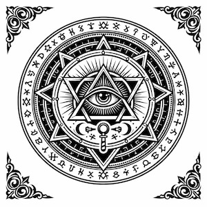 May include: Black and white illustration of a circular occult symbol. The design features an eye within a triangle, surrounded by stars, moons, and an outer ring of symbols. Decorative corner elements frame the image.