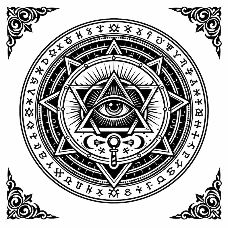 May include: Black and white illustration of a circular occult symbol. The design features an eye within a triangle, surrounded by stars, moons, and an outer ring of symbols. Decorative corner elements frame the image.