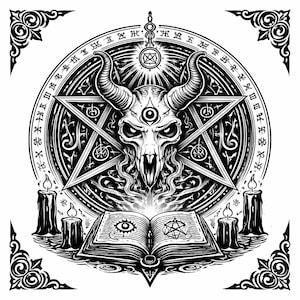 May include: Black and white illustration featuring a horned skull with a third eye, a pentagram, and an open book with symbols. The design is surrounded by a circular border with text and decorative corners, and candles.