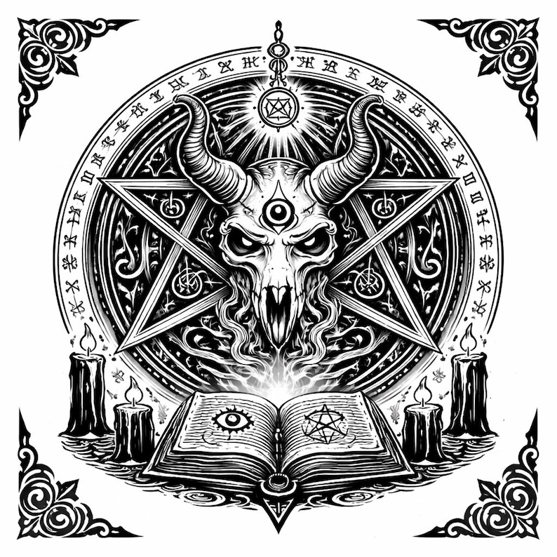 May include: Black and white illustration featuring a horned skull with a third eye, a pentagram, and an open book with symbols. The design is surrounded by a circular border with text and decorative corners, and candles.
