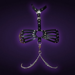 May include: Black leather harness with silver hardware and a chain detail. The harness has a cage-like design and a large ring in the center.