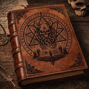 Pode incluir: Um livro castanho com capa de couro com uma ilustração preta detalhada de uma caveira com chifres dentro de uma estrela, rodeada por velas e um livro aberto. A capa tem desenhos decorativos nos cantos e tachas metálicas ao longo da lombada.