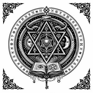 May include: Black and white illustration of a mystical symbol. A central star is surrounded by a serpent, sun, moon, and an open book with an eye and a pentagram. The design includes a key and decorative corner elements.
