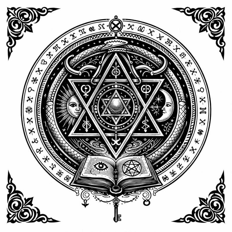 May include: Black and white illustration of a mystical symbol. A central star is surrounded by a serpent, sun, moon, and an open book with an eye and a pentagram. The design includes a key and decorative corner elements.
