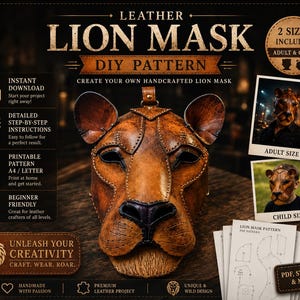 Könnte beinhalten: Ein handgefertigtes Leder-Löwenmasken-DIY-Muster. Das Bild zeigt eine detaillierte braune Löwenmaske mit schwarzer Nase und einer Metallschlaufe. Der Text enthält "Lion Mask DIY Pattern" und "Unleash Your Creativity". Inklusive Größen für Erwachsene und Kinder.