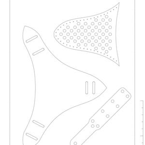 May include: A black and white line drawing pattern for a thong Sabrina harness. The pattern includes three pieces: a large piece shaped like a triangle with rounded edges, a smaller piece shaped like a triangle with rounded edges, and a long, thin piece with rounded edges. The pattern includes the text "GAIUSLEATHERCRAFT THONG SABRINA HARNESS PATTERN O" and "ALL RIGHTS RESERVED - NO CONTENT MAY BE SHARED OR REPRODUCED".