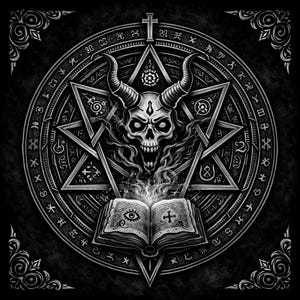 May include: A detailed black and white illustration featuring a skull with horns at the center of a pentagram. The skull is surrounded by a circular pattern of symbols and an open book with an eye and cross. The image has a gothic theme.