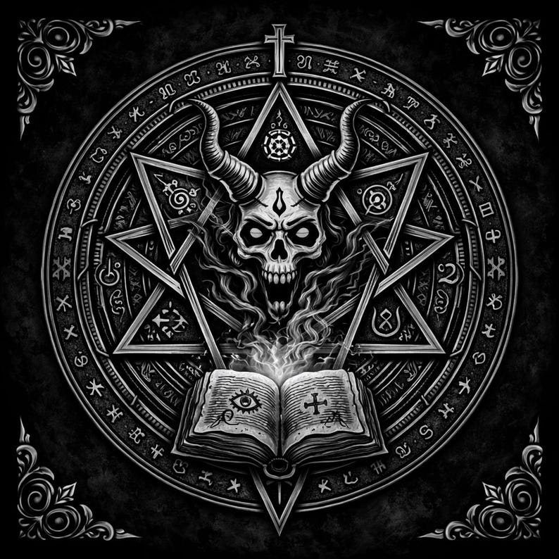 May include: A detailed black and white illustration featuring a skull with horns at the center of a pentagram. The skull is surrounded by a circular pattern of symbols and an open book with an eye and cross. The image has a gothic theme.