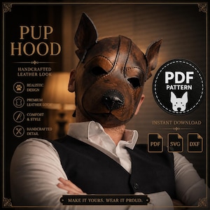 Puede incluir: Una máscara de capucha de cachorro de cuero hecha a mano con un diseño realista. La máscara es marrón con detalles en negro y presenta orejas grandes y una nariz de perro. El texto "PUP HOOD" y "PDF PATTERN" está incluido.