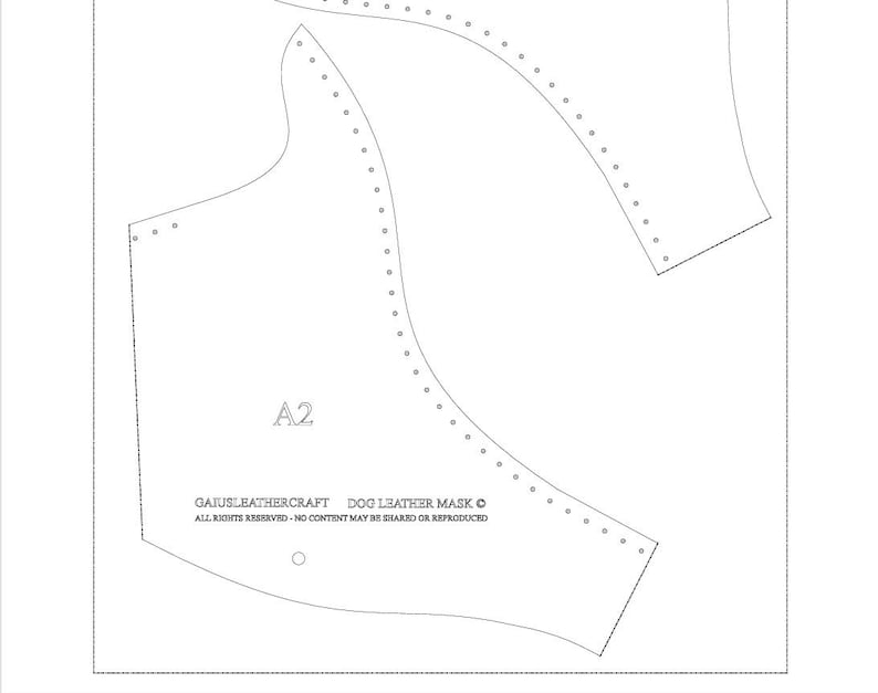 May include: A white paper pattern for a dog leather mask. The pattern includes multiple pieces with dotted lines for stitching and the text "A2". The text "GAJUSLEATHERCRAFT DOG LEATHER MASK" is also visible.