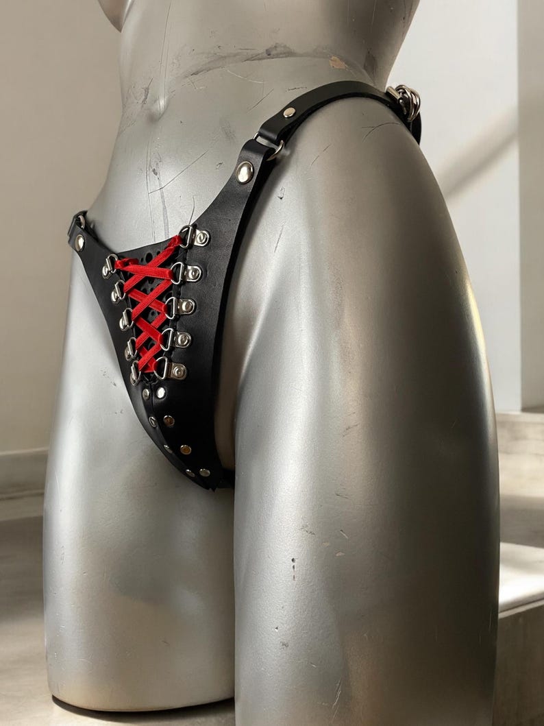 May include: Black leather lingerie with red ribbon lacing and silver hardware.