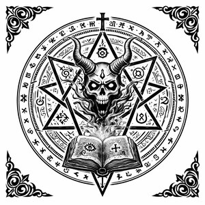 May include: Black and white illustration of a demonic skull with horns, surrounded by a pentagram and a circular border of symbols. An open book with an eye and cross is at the bottom. Decorative corner elements.