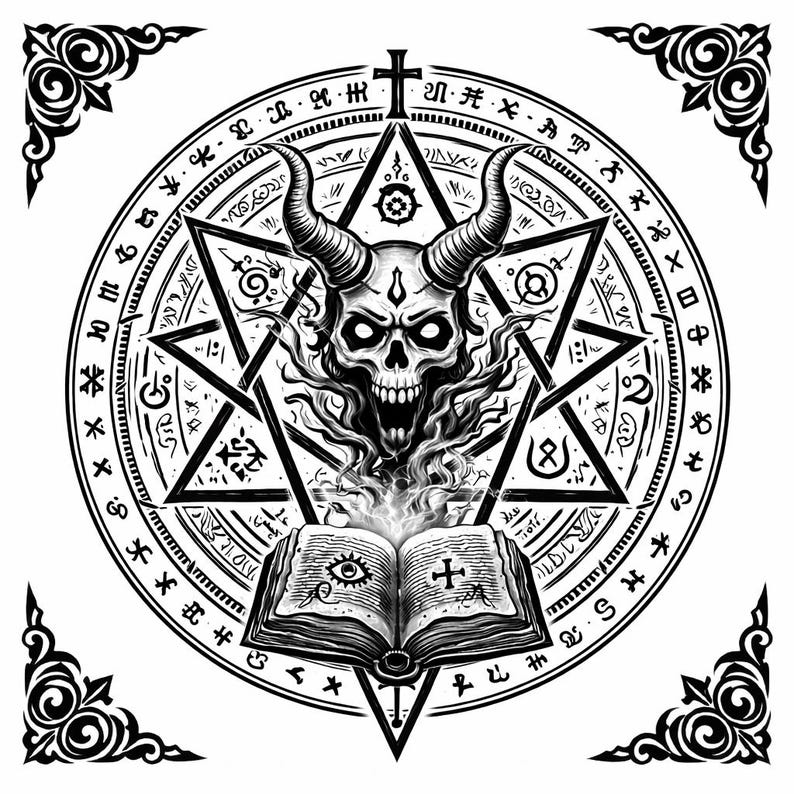 May include: Black and white illustration of a demonic skull with horns, surrounded by a pentagram and a circular border of symbols. An open book with an eye and cross is at the bottom. Decorative corner elements.