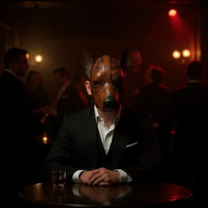 May include: A person wearing a brown leather dog mask, a white shirt, and a black suit jacket. The person is seated at a dark wooden table with a glass of amber liquid. The background is dimly lit with other people.
