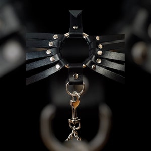 May include: Black leather choker with silver studs and a silver ring. The choker has a silver clip and a silver chain attached.