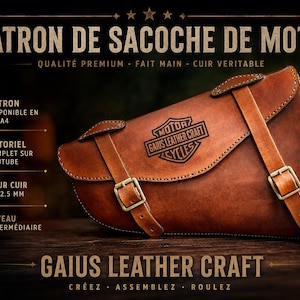 May include: A brown leather motorcycle saddlebag with a buckle closure and strap. The bag has the text "MOTOR GAIUS LEATHER CRAFT CYCLES" and "PATRON DE SACOCHE DE MOTO" on it. The image also includes text that says "GAIUS LEATHER CRAFT".