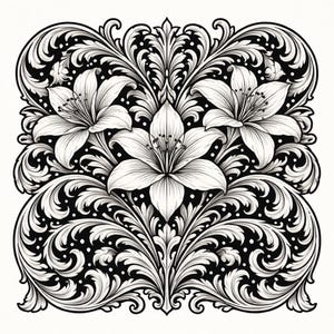 May include: Black and white floral design featuring three lilies and ornate scrollwork. The symmetrical composition has a central lily surrounded by two others, all set against a dotted background. The detailed illustration is suitable for various decorative applications.