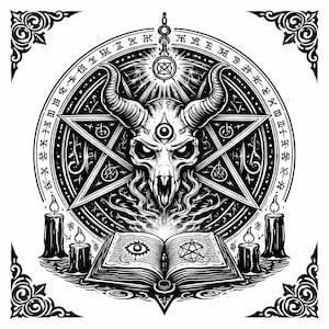May include: Black and white illustration featuring a skull with horns, a pentagram, and an open book with an eye and a star. The design includes candles, a circular border with symbols, and decorative corner elements. The overall theme is occult and gothic.