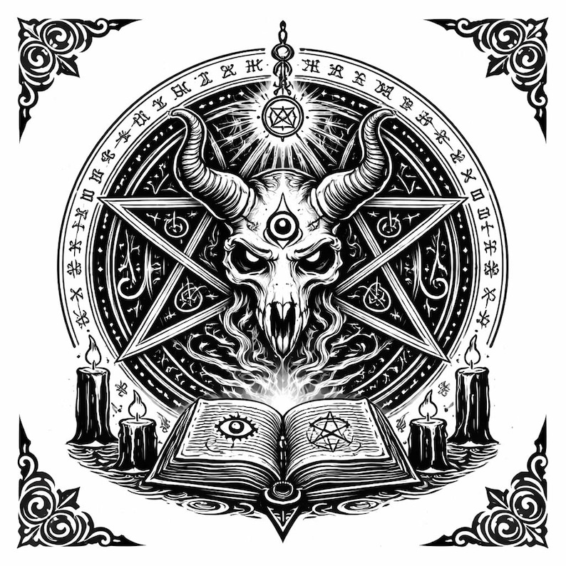 May include: Black and white illustration featuring a skull with horns, a pentagram, and an open book with an eye and a star. The design includes candles, a circular border with symbols, and decorative corner elements. The overall theme is occult and gothic.