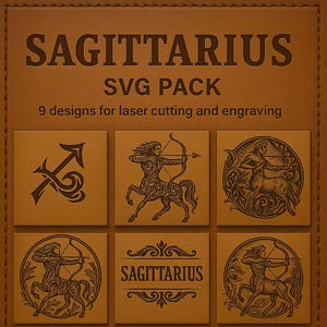 Peut inclure: Fond brun texturé avec les mots "SAGITTARIUS" et "SVG PACK" en marron foncé. Neuf motifs pour la découpe et la gravure laser sont présentés, avec des symboles du Sagittaire et des archers centaures.