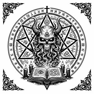 May include: Black and white illustration of a demonic skull with horns, a third eye, and a long beard, surrounded by a pentagram and a circular border with symbols. An open book with an eye and a star is in front of the skull, with candles on each side.