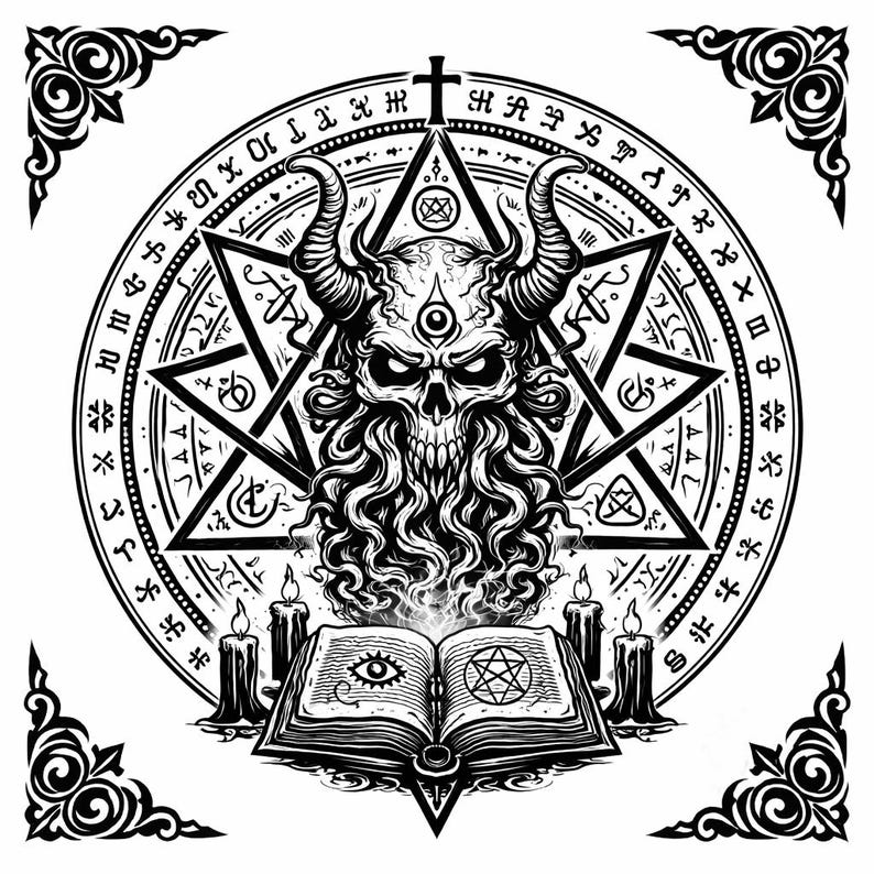 May include: Black and white illustration of a demonic skull with horns, a third eye, and a long beard, surrounded by a pentagram and a circular border with symbols. An open book with an eye and a star is in front of the skull, with candles on each side.