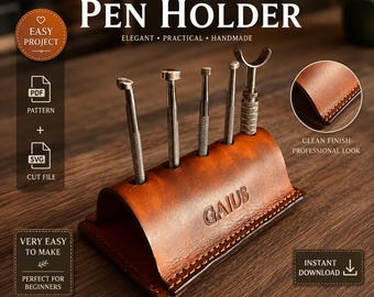 Leather Pen Holder Pattern – DIY Desk Organizer, Hand-Stitched (PDF, SVG)