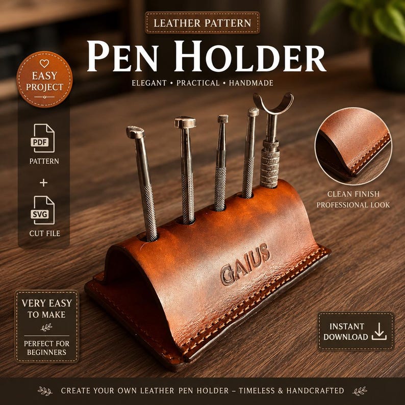 K&ouml;nnte beinhalten: Ein handgefertigter brauner Leder-Stifthalter mit dem gepr&auml;gten Wort "GAIUS" auf der Vorderseite. Er enth&auml;lt mehrere Metallwerkzeuge. Der Text auf dem Bild lautet "Leather Pattern" und "Pen Holder".