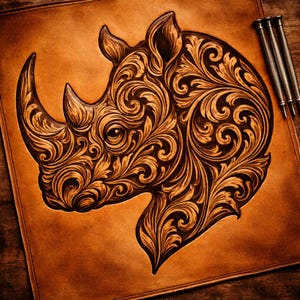 Puede incluir: Un detallado tallado en cuero de una cabeza de rinoceronte, con intrincados adornos florales. La obra de arte está en tonos marrones y beige, con un aspecto texturizado. Tres herramientas metálicas son visibles en la esquina superior derecha.