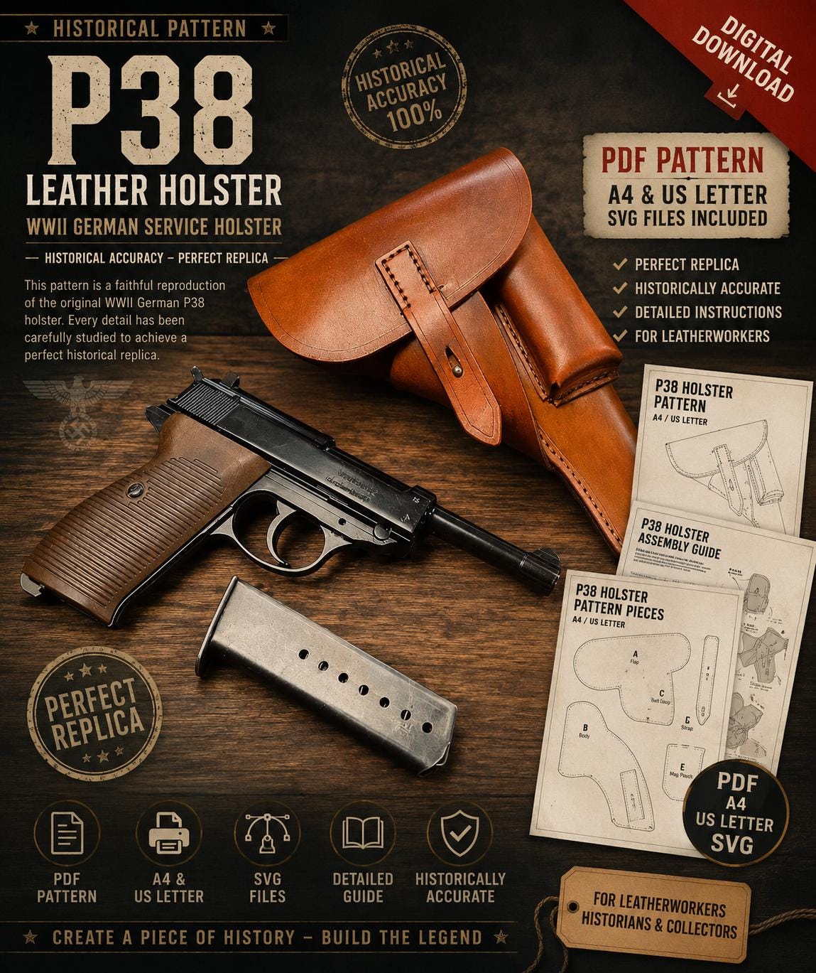 P38 Leather Holster Pattern – WW2 German Army Style – PDF A4 + US