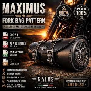 Può includere: Borsa per forcella moto in pelle nera con fibbie argentate e un'emblema a teschio. L'immagine include il testo "MAXIMUS FORK BAG PATTERN" e "GAIUS LEATHERCRAFT". La borsa è progettata per Harley Bobber e moto personalizzate.