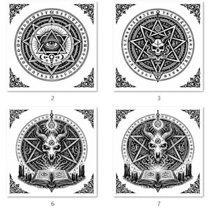 May include: A collection of seven black and white occult illustrations featuring intricate pentagram designs, skulls, and open books. The images are square with decorative corner elements, evoking a mystical or esoteric theme. A leather-bound book with a similar design is also shown.