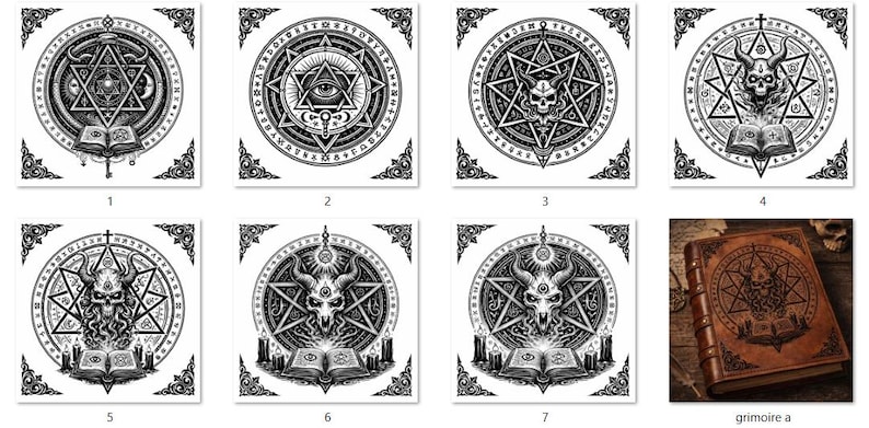 May include: A collection of seven black and white occult illustrations featuring intricate pentagram designs, skulls, and open books. The images are square with decorative corner elements, evoking a mystical or esoteric theme. A leather-bound book with a similar design is also shown.