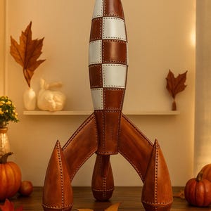May include: A handcrafted leather rocket ship model with a brown and white checkered pattern on the body. The rocket has three brown fins and a pointed top. The model is displayed on a wooden surface.